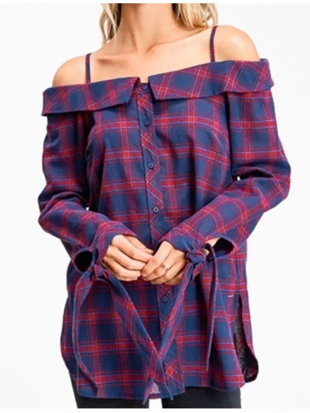 Anthropologie Cold Shoulder Plaid Button-Down Top in Navy and Red